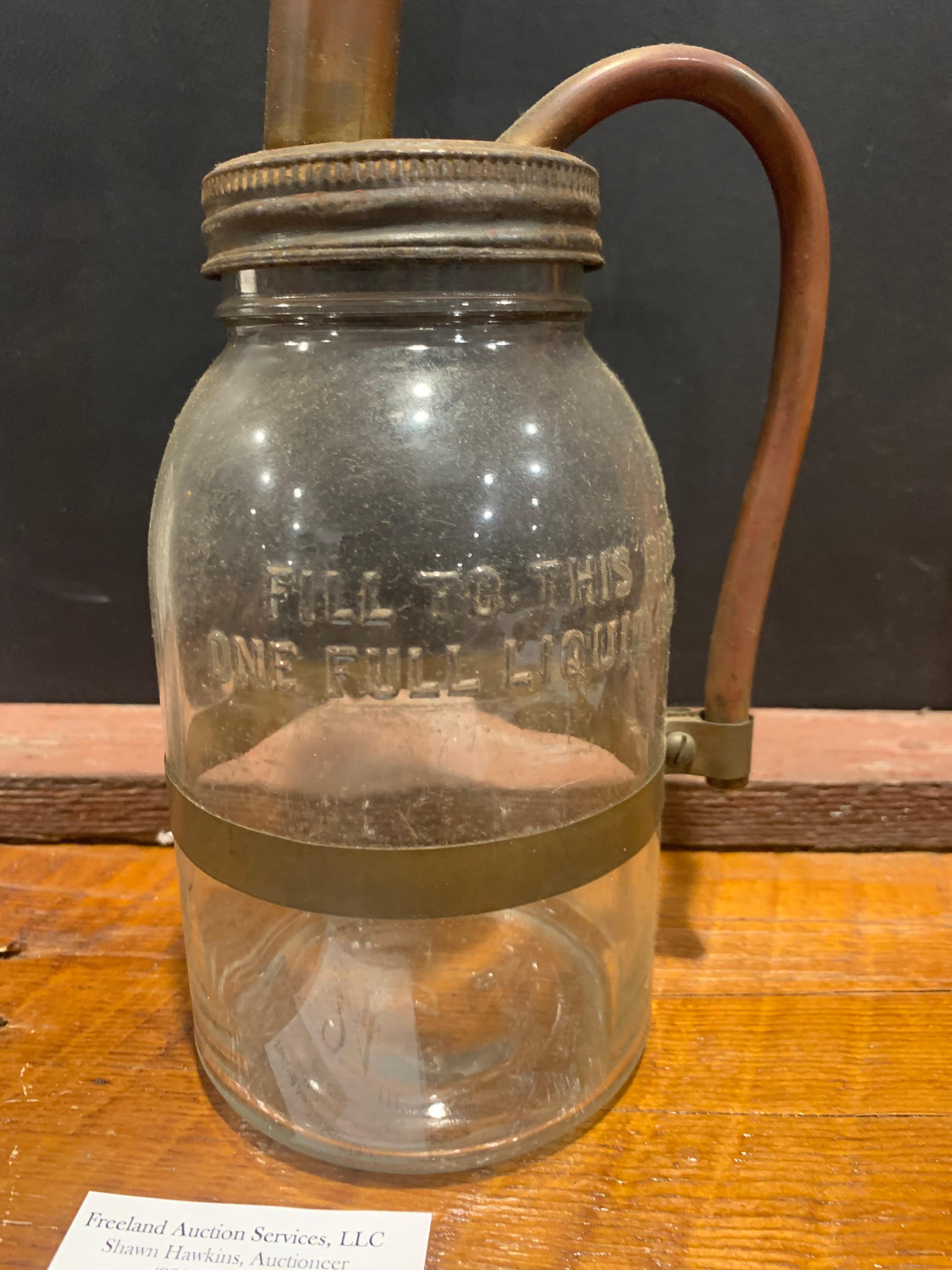 Antique Primitive Glass Oil Bottle With Unusual Copper Spout/pouring Handle