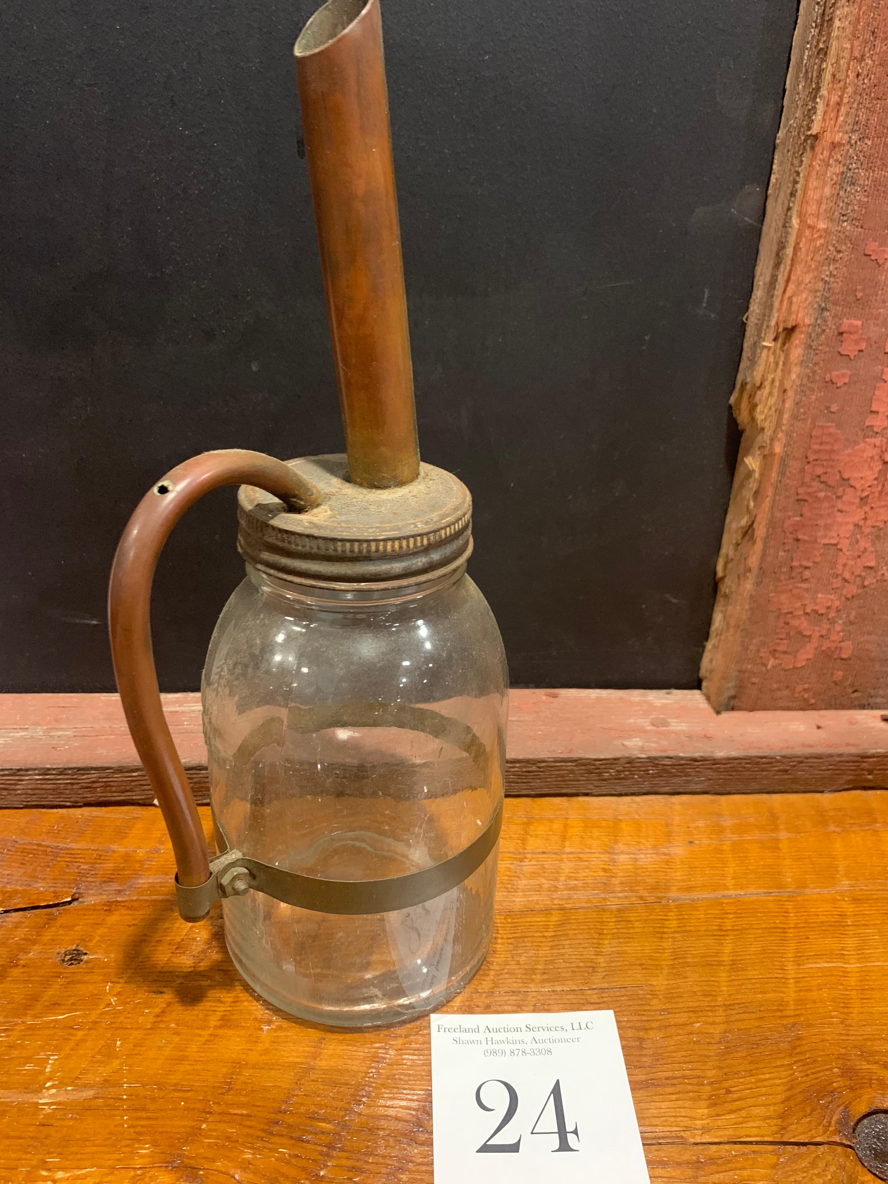Antique Primitive Glass Oil Bottle With Unusual Copper Spout/pouring Handle