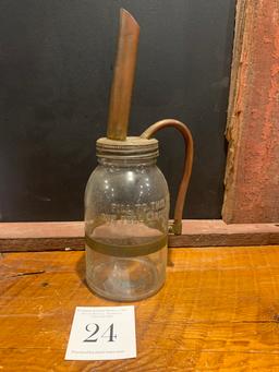 Antique Primitive Glass Oil Bottle With Unusual Copper Spout/pouring Handle