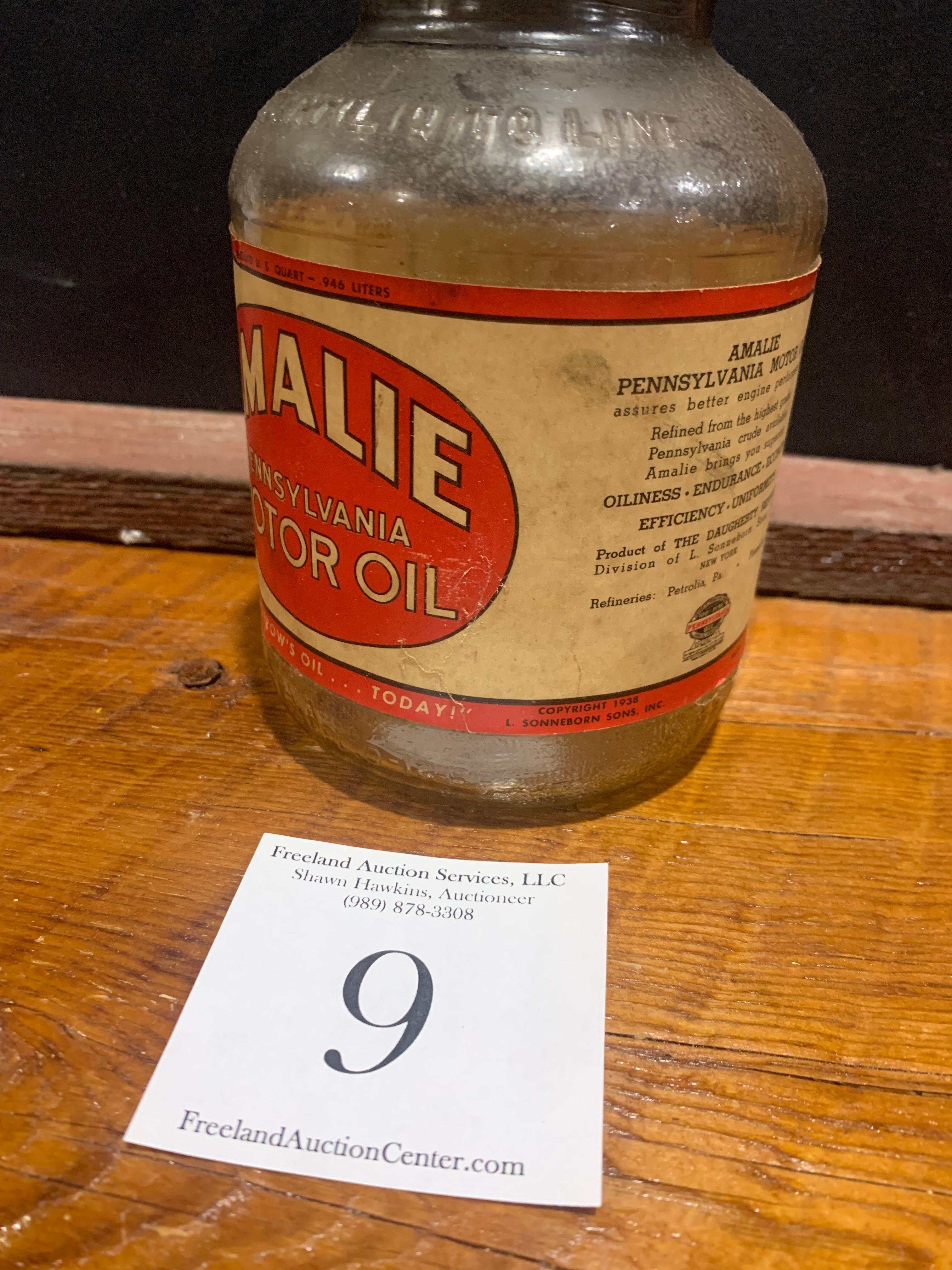 Original Rare Amalie Pennsylvania Motor Oil 1 Us Quart Glass Oil Bottle With S.A.E Metal Lid