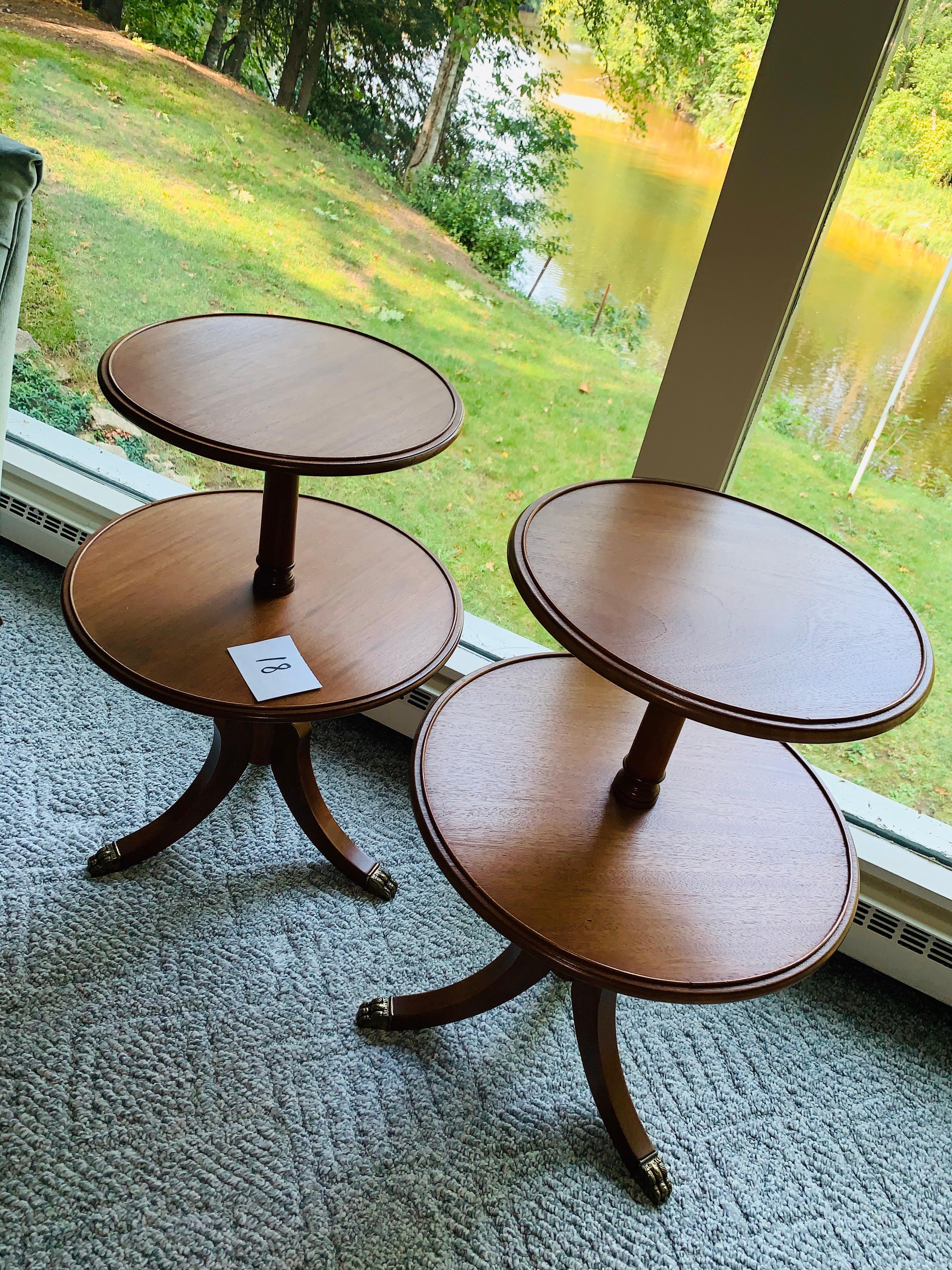 Pair Of Antique Double Tiered Three Legged Lamp Tables