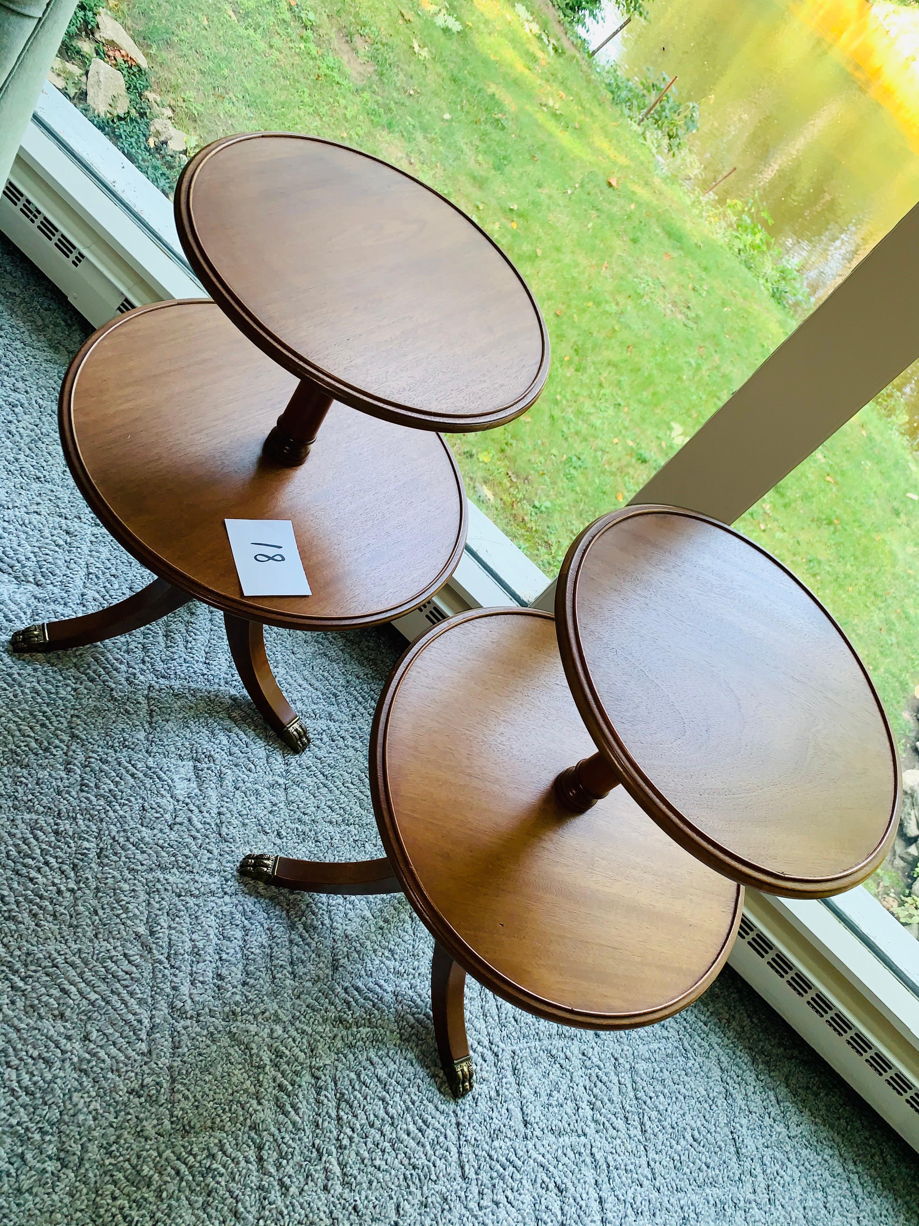 Pair Of Antique Double Tiered Three Legged Lamp Tables