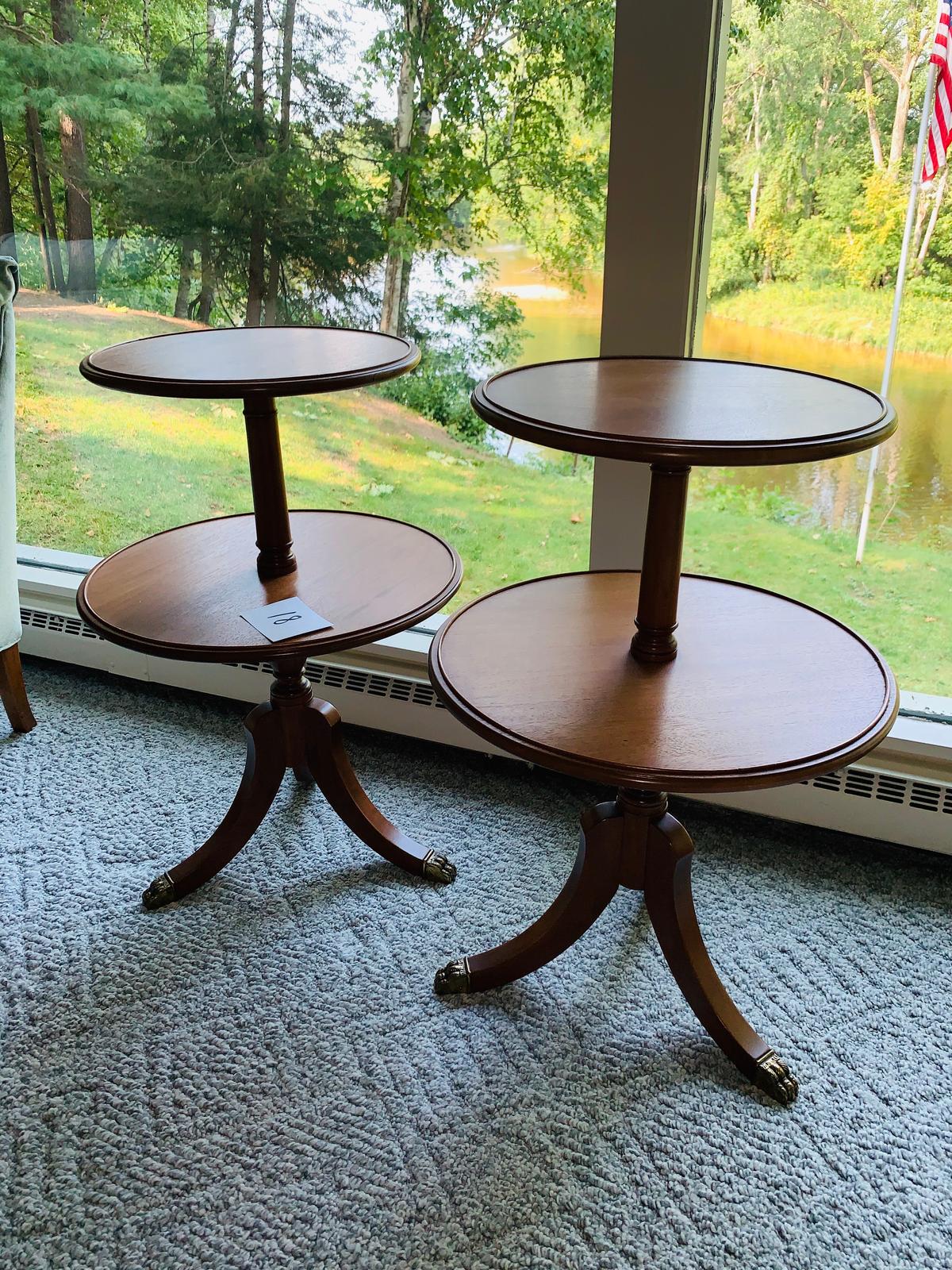 Pair Of Antique Double Tiered Three Legged Lamp Tables