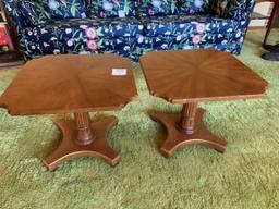 Pair Of Mid-century Pedastal Column Mahoghany Lamp Side Tables