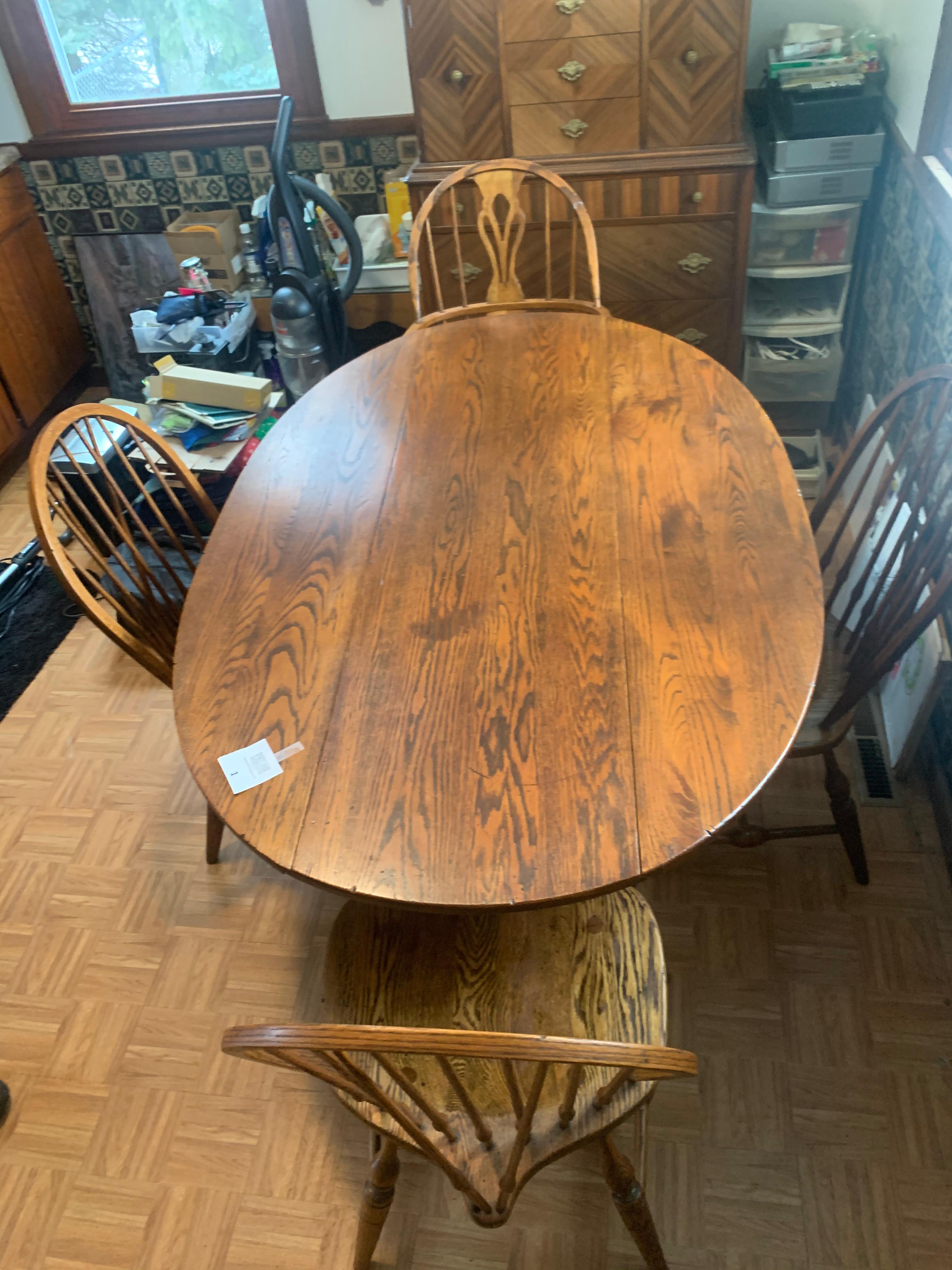 Primitive Oak Cushman Colonial Drop Leaf Table With 4 Chairs