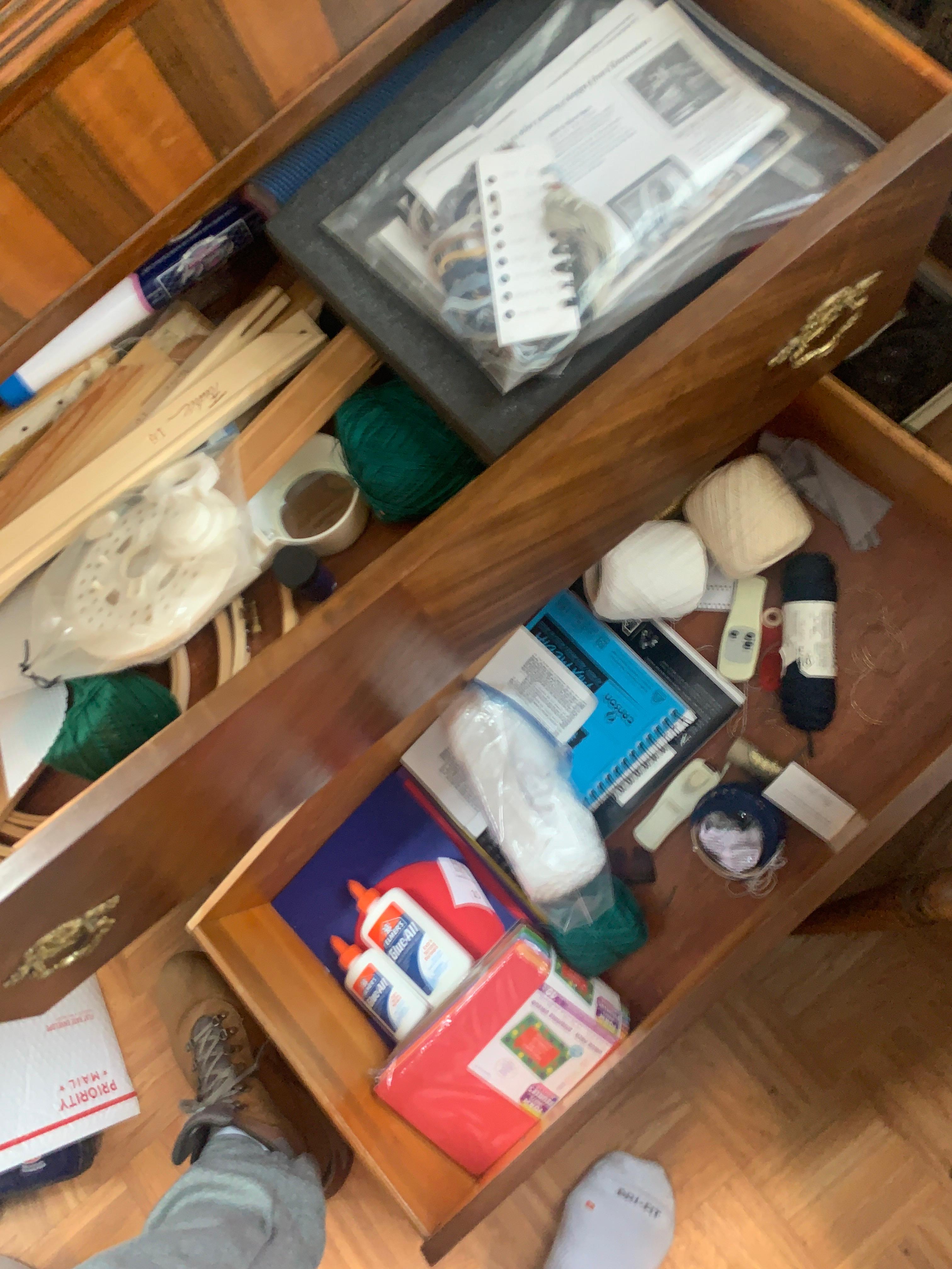 Several Drawers Full Of Crafting Supplies, Glue, Yard, Paper, Etc…