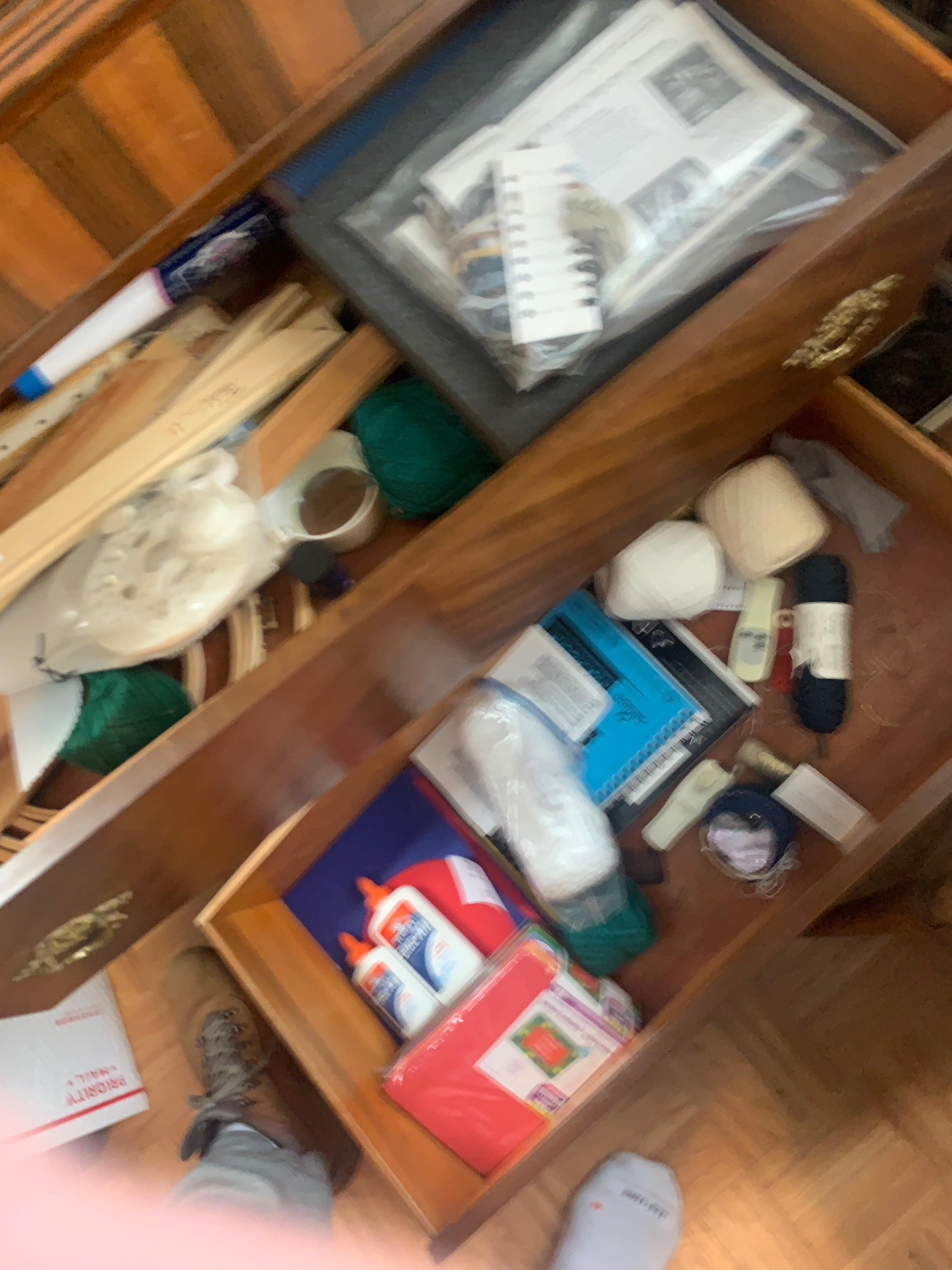 Several Drawers Full Of Crafting Supplies, Glue, Yard, Paper, Etc…