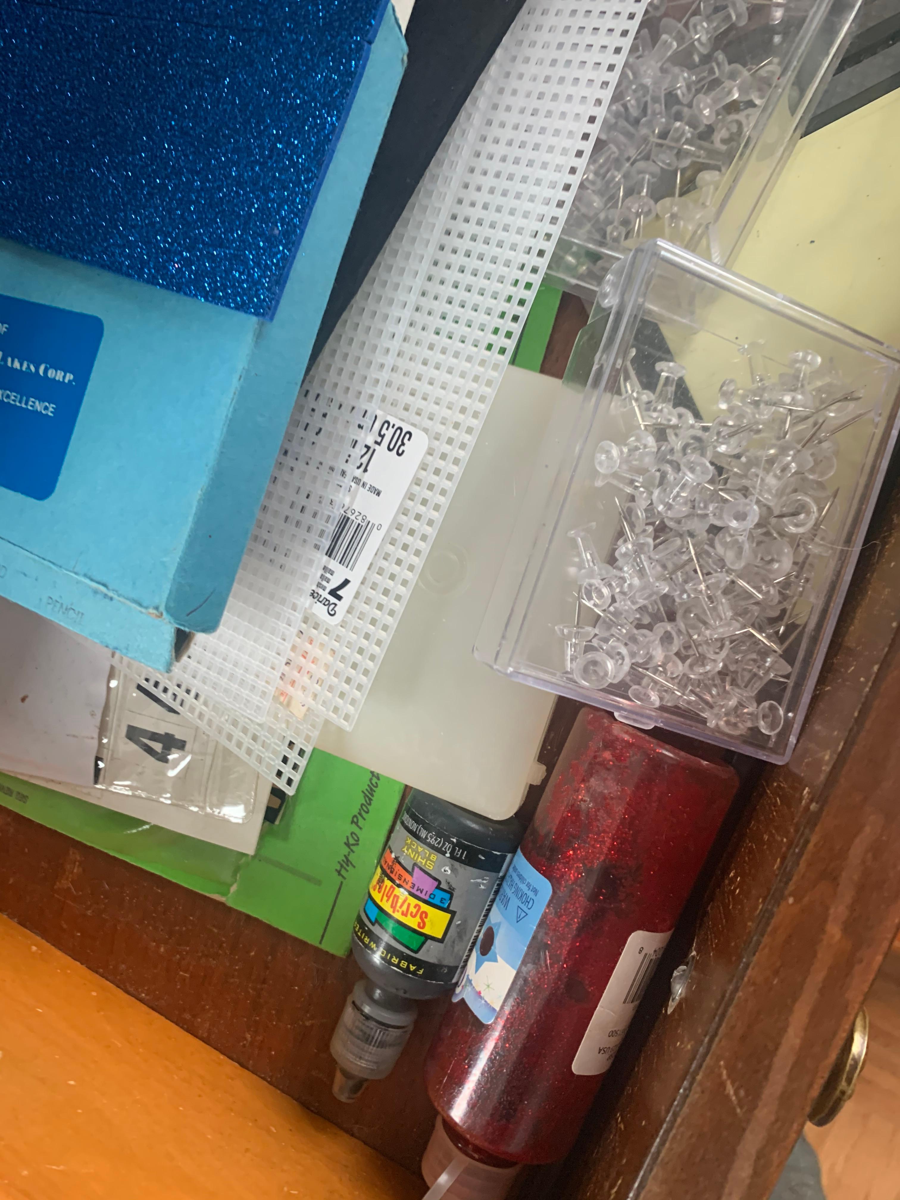 Several Drawers Full Of Crafting Supplies, Glue, Yard, Paper, Etc…