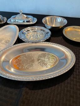 Large group of antique silver platters and butter dishes 8 pieces total