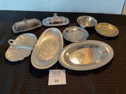 Large group of antique silver platters and butter dishes 8 pieces total