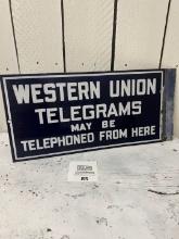Western Union Telegrams MAY BE TELEPHONED FROM HERE Porcelain advertising sign