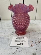Fenton Cranberry Opalescent Hobnail 6" Square Vase in excellent condition