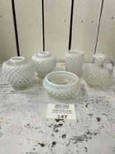 Group of Fenton French Opalescent Puff Box, Goblet and two vases