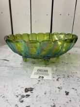 Green Carnival Glass large footed Fruit Centerpiece Bowl