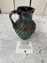 rare Fenton Black Amethyst Carnival Glass Hobnail Ruffled Pitcher Vase