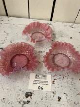 Three FENTON Cranberry Opalescent Hobnail 6" BonBon glassware pieces