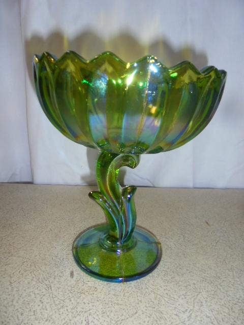 Green Iridescent Pedestal Glass Bowl