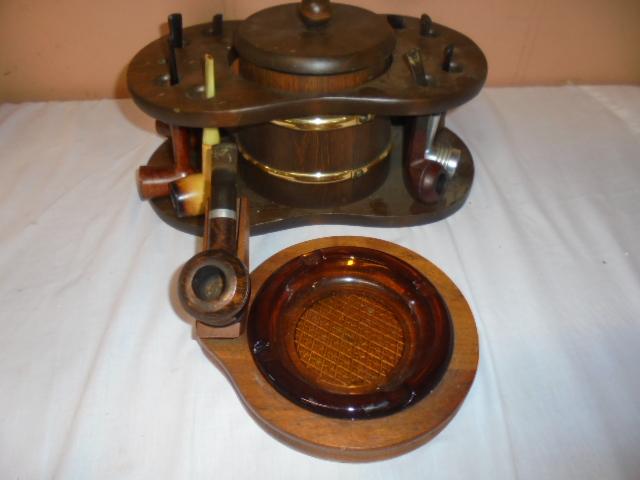 Pipe Stand w/Humidor and 8 Pipes and Pipe Stand w/Glass Ashtray and Pipe