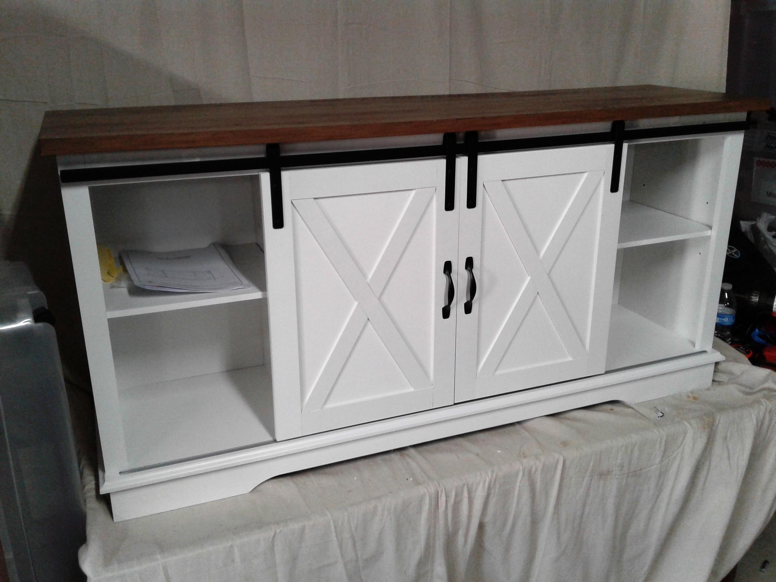 White with wood top Entertainment stand