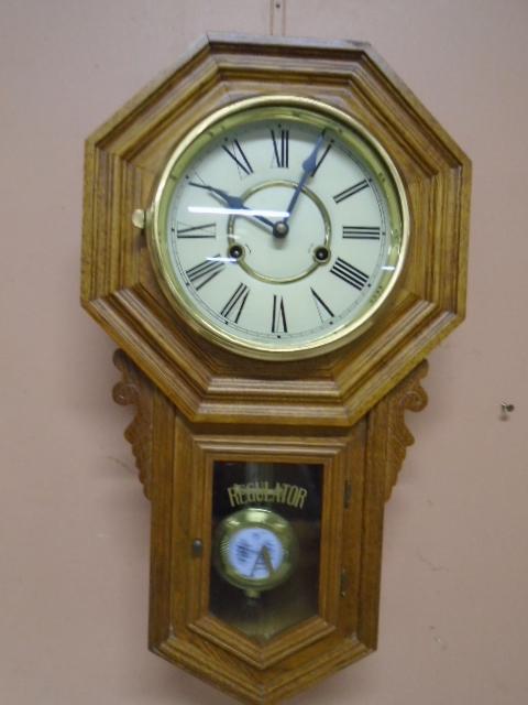 Regulator A Oak Case Wind Up Wall Clock w/ Key