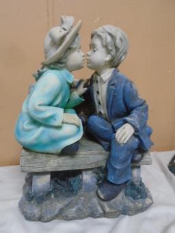 Kissing Boy & Girl on Bench Garden Statue