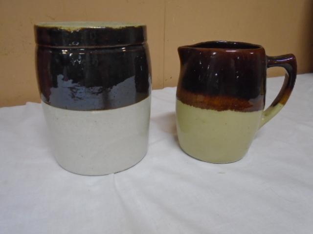 Small Brown Over White Crock and Crock Pitcher