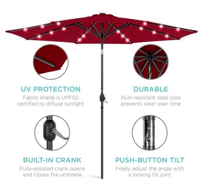 10ft Solar LED Lighted Patio Umbrella w/ Tilt Adjustment, Fade-Resistance