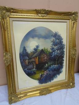 Beautiful Framed & Signed Grist Mill Oil Painting On Canvas
