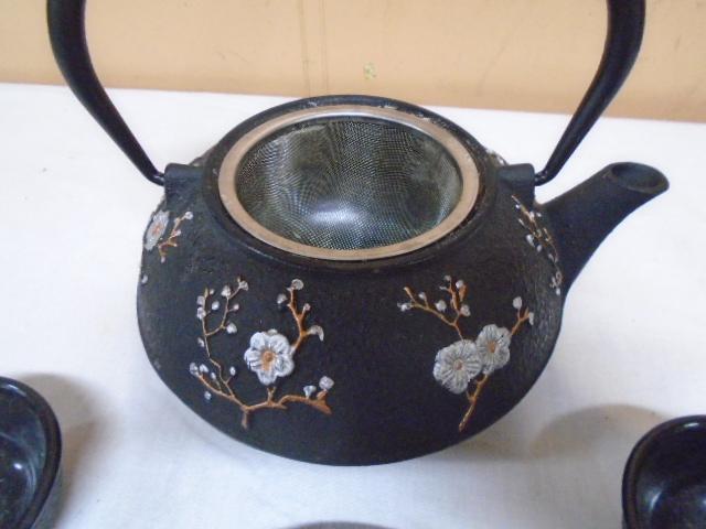 Vintage 6pc Cast Iron Tea Set w/ Strainer