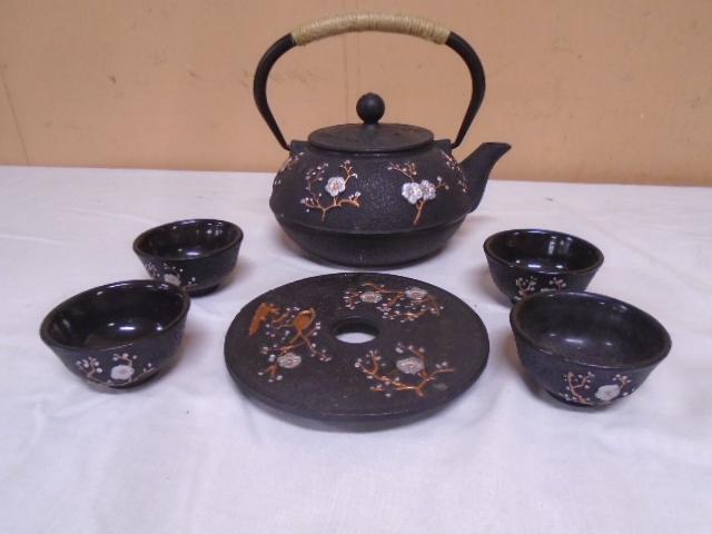 Vintage 6pc Cast Iron Tea Set w/ Strainer