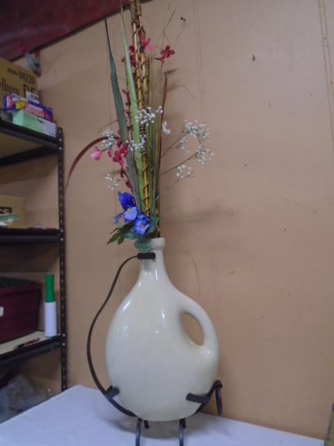 Large Pottery Vase in Iron Holder w/ Décor