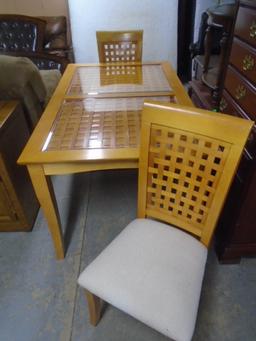 Solid Wood Table w/ 2 Glass Inserts & 2 Matching Chairs