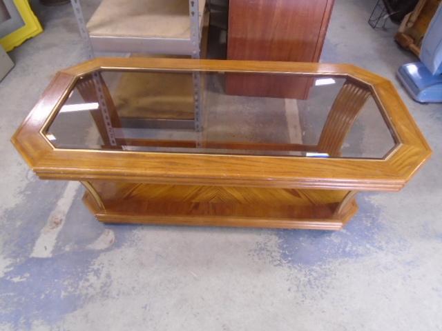 Solid Oak Coffee Table w/ Beveled Glass Insert