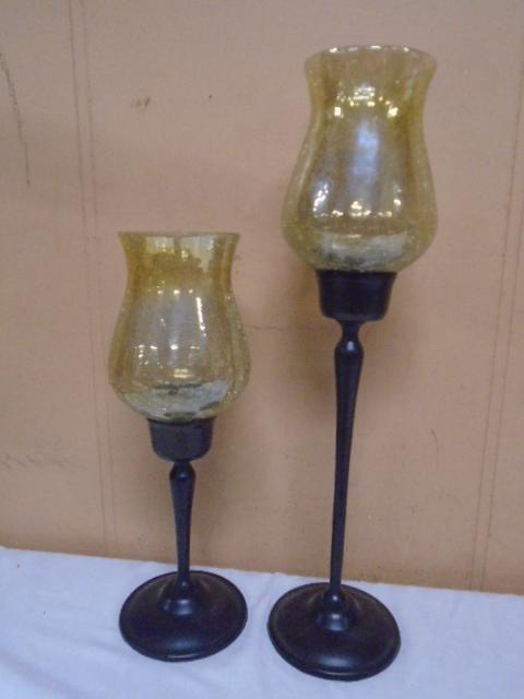 2 Pc. Metal Art and Crackle Glass Candle Holder Set