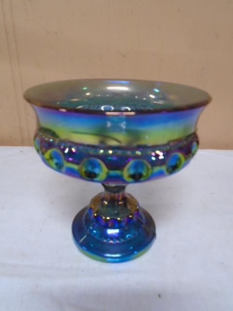 Vintage Indiana Glass Blue Carnival Glass Thumbprint Candy Dish