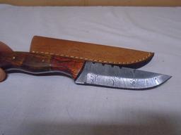 Custom Handmade Damascus Blade Knife w/ Hand Tooled Leather Shaeve