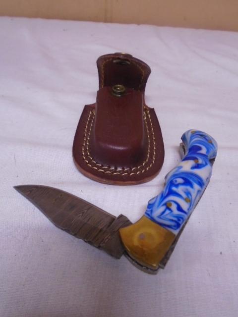 Custom Handmade Damascus Blade Lockblade Knife w/ Hand Tooled Leather Shaeve