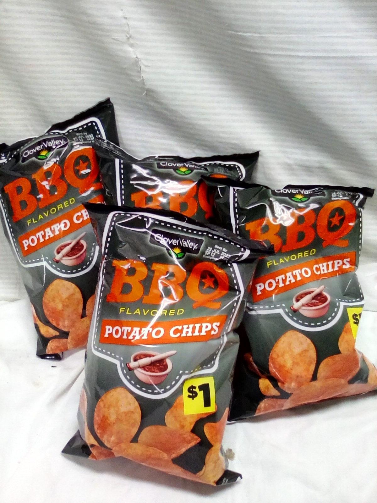 Qty. 4 Clover Valley BBQ Potato Chip Bags 5 Oz per bag dated 7-22-2022