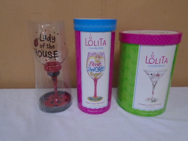 (2) Painted Wine Glasses and 1 Painted Martini Glass