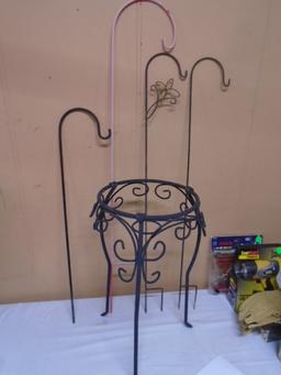 Iron Plant Stand & 4 Small Shepherds Hooks