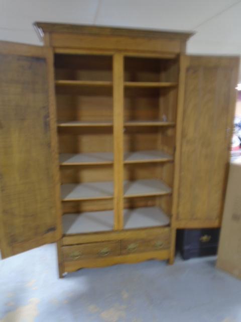 Antique Oak Double Door Wardrobe Cabinet w/2 Drawers on Bottom