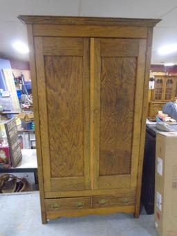 Antique Oak Double Door Wardrobe Cabinet w/2 Drawers on Bottom