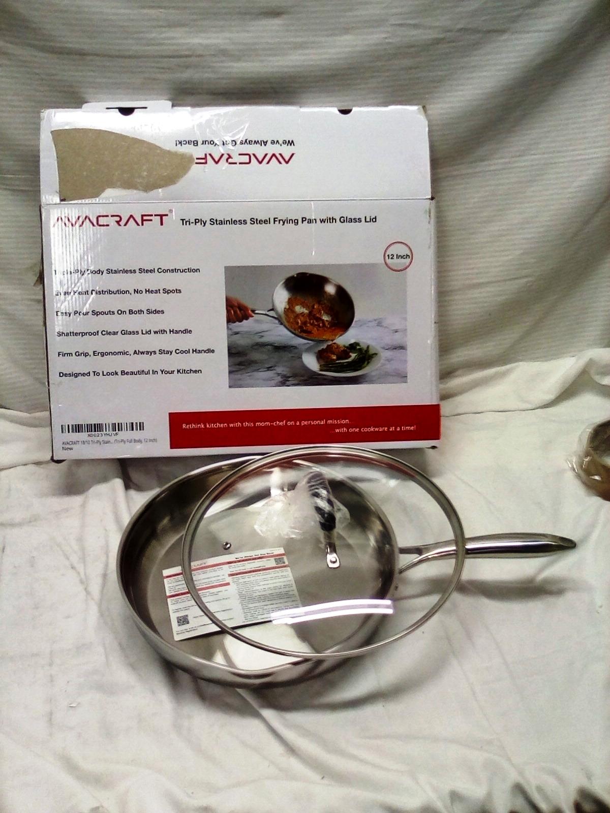 Avacraft 12" Stainless Steel Heavy Duty Skillet with Glass Lid