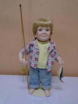 Porcelain Fishing Boy Doll w/ Stand