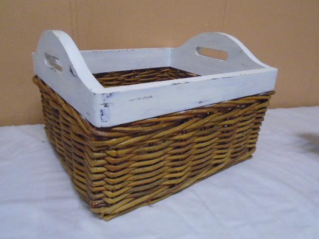 Vintage Wicker Basket w/ Wooden Top