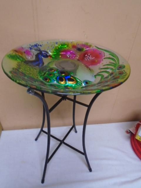 Solar Powered Lighted Hand Painted Bird Bath w/ Peacock