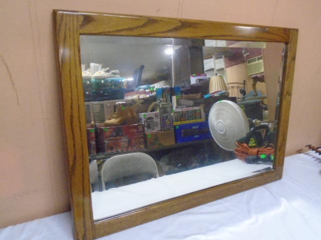 Large Solid Oak Framed Beleved Glass Wall Mirror