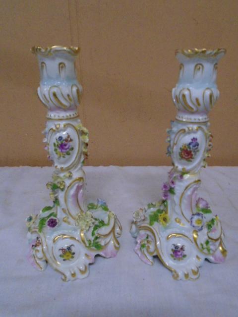 Beautiful Set of Ornate Hand Painted Porcelain Candle Sticks