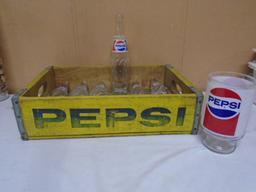 Vintage Yellow Wooden Pepsi Crate w/ (6) 16oz Bottles & Glass