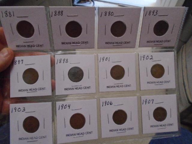 Group of (12) Assorted Date Indian Head Cents